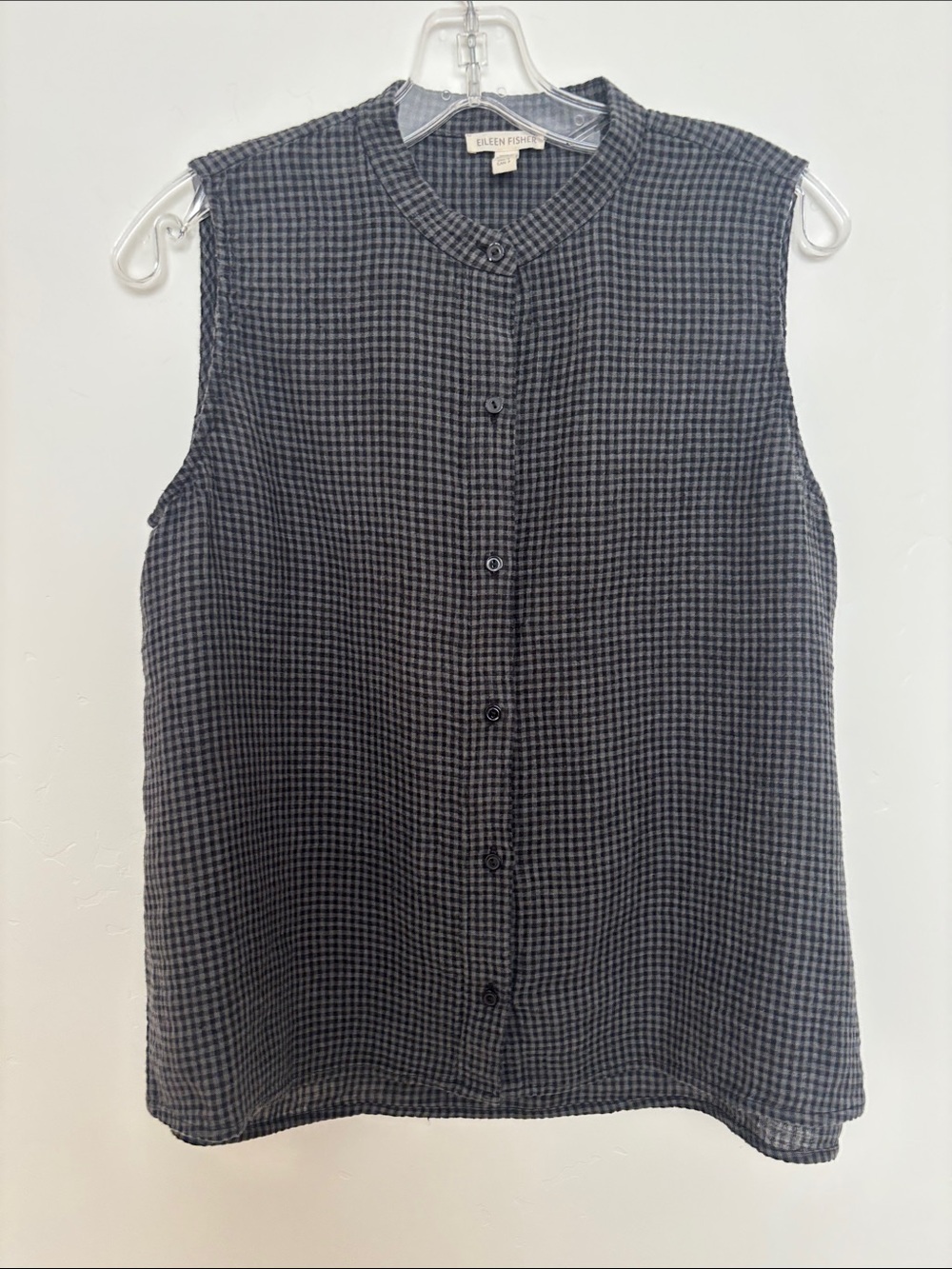 Eileen Fisher Black Gingham Sleeveless Button-Front Top